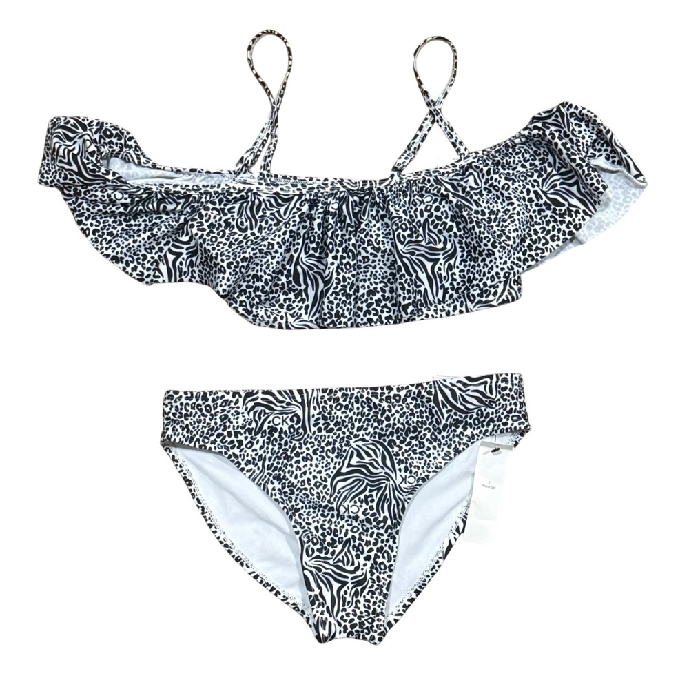 Calvin Klein Girls Black Animal Print Off Shoulder Bikini Swimsuit Set 12/14